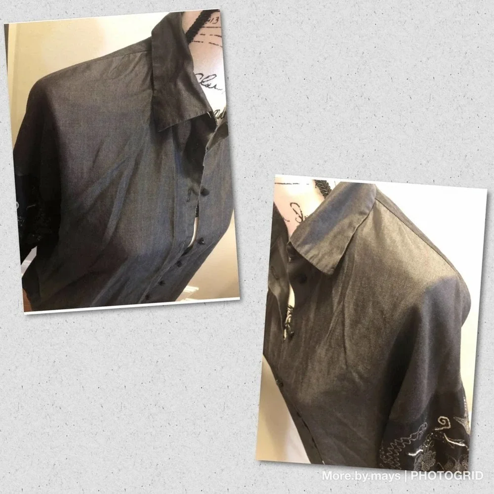 Zara Peasant button down shirt embroidery black Size XSmall Chambray Y2K